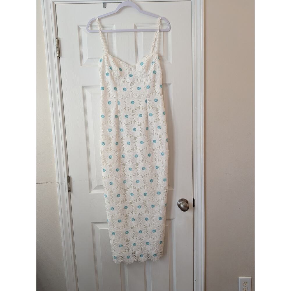 SAYLOR White Calibria Midi Dress w/ Mint Blue Daisy Flowers & Daisy Straps - Picture 2 of 12